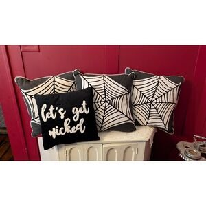 Set Of 4 Spider Web Punk Goth Halloween Black Decor Throw Pillows 16" 12.5"